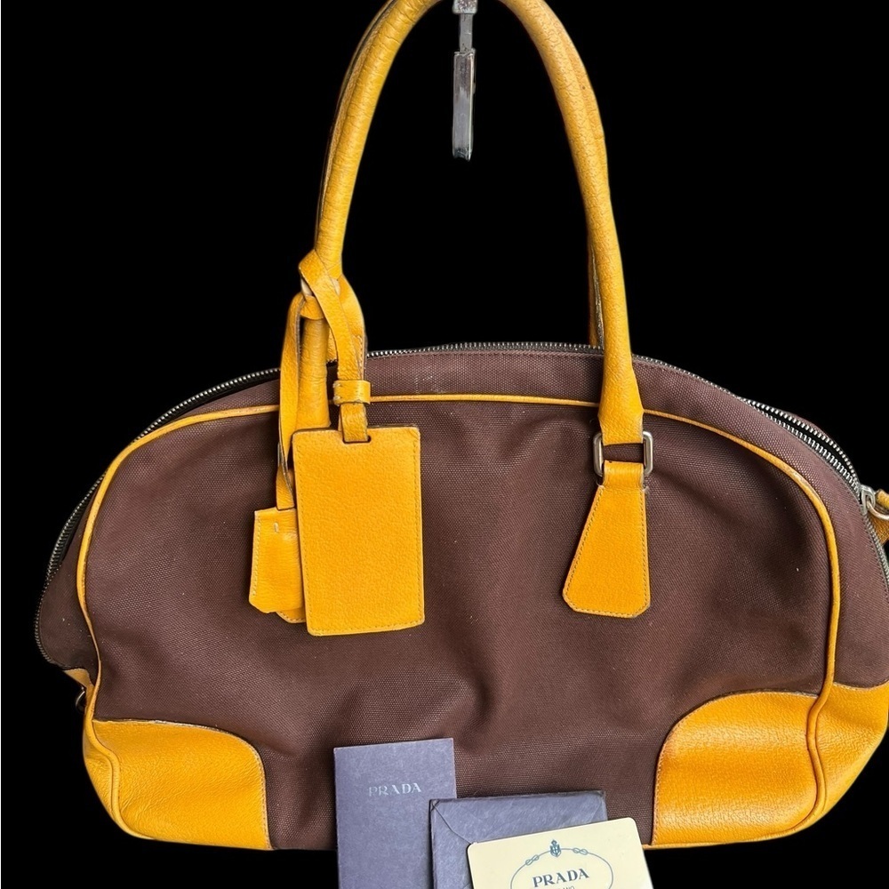 Prada Satchel in Rich Brown canvas and Vibrant Yellow Leather